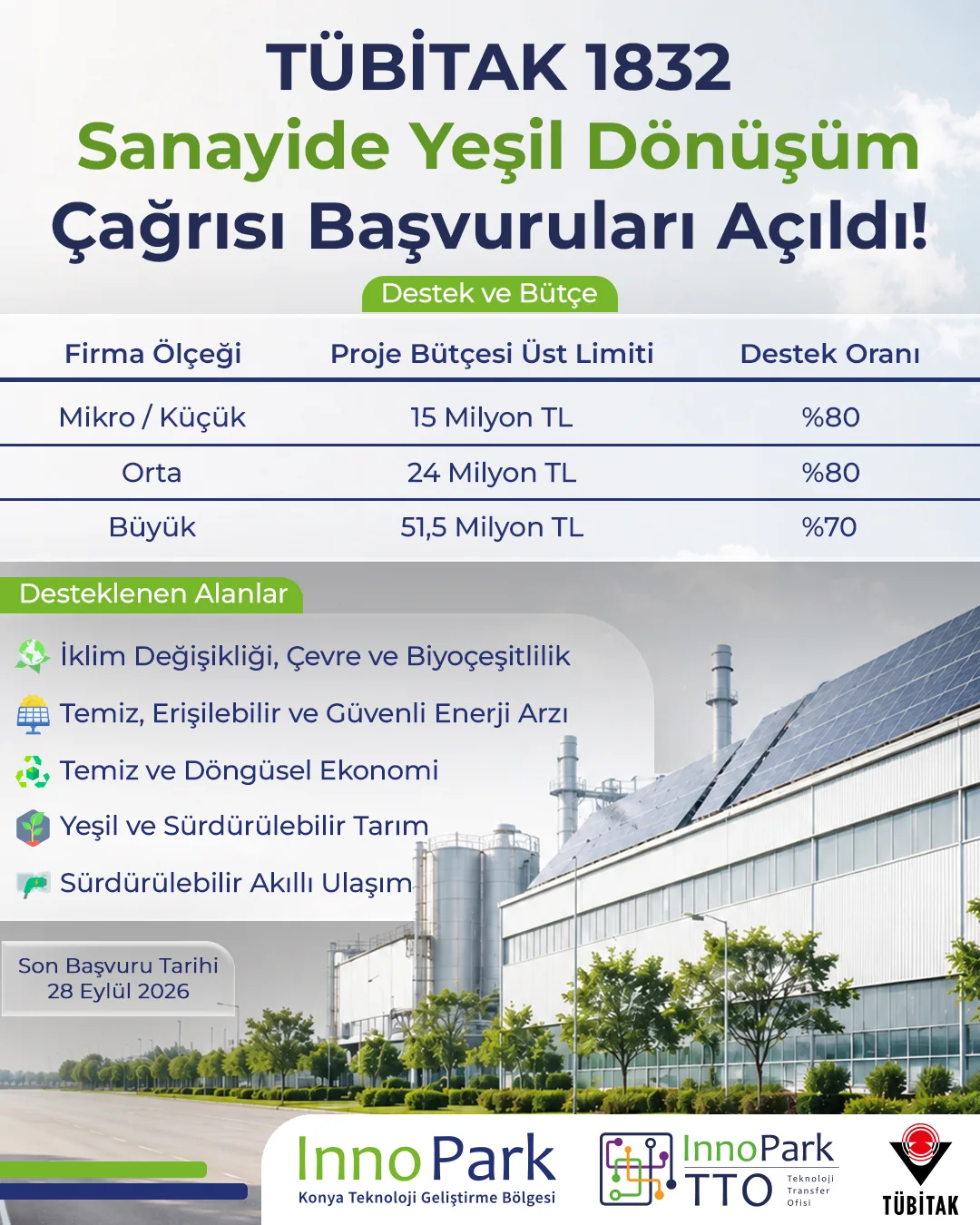 TÜBİTAK 1832 yeşil dönüşüm çağrısı duyuru görseli